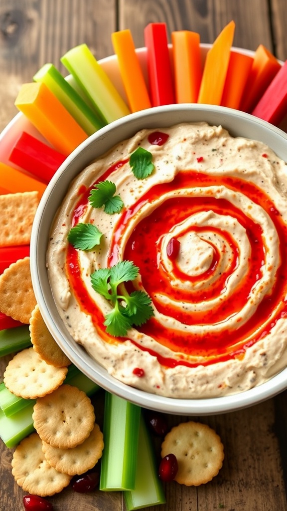 Spicy Jalapeño Cranberry Dip with vegetable sticks and crackers on a rustic table.
